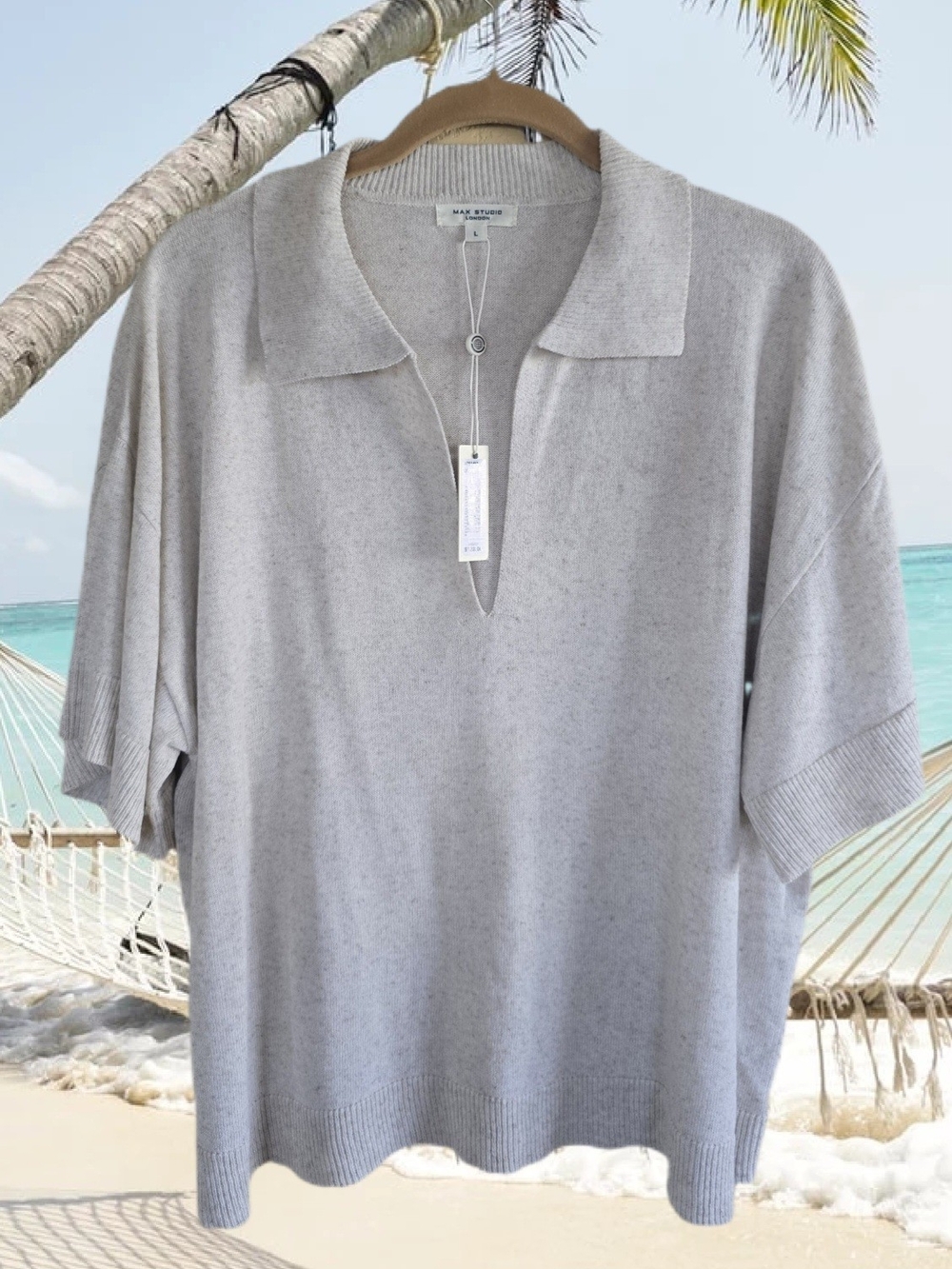 Max Studio Oatmeal Beige Casual Chic Relaxed Polo Knit Classic Summer Sweater